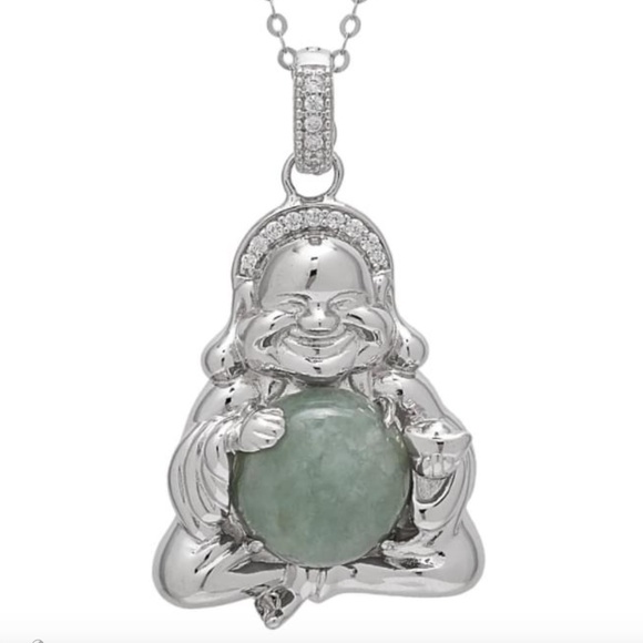 Sterling Silver Genuine Green Jade Smiling Buddha Pendant - Picture 1 of 14